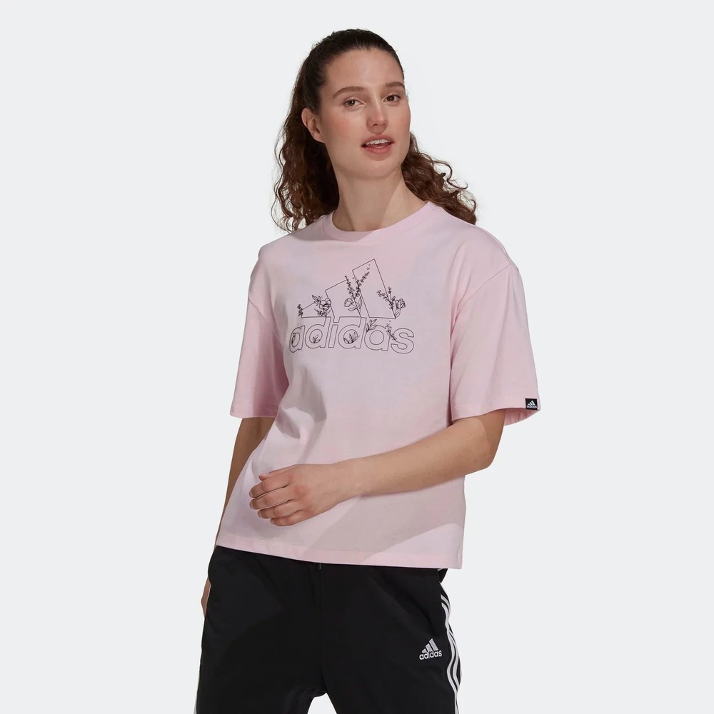 Adidas T-Shirt Women's Soft Pink Floral Logo Graphic Short Sleeve Top - Small